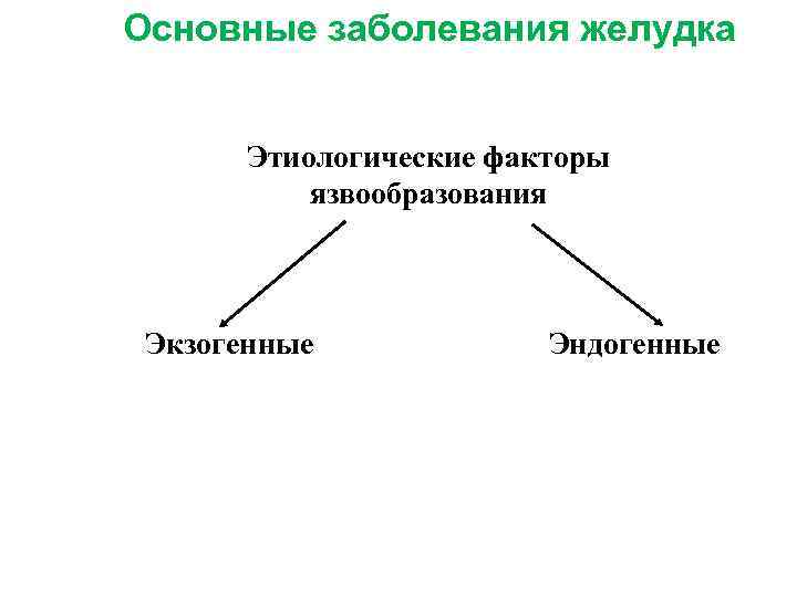 Основные заболевания желудка Этиологические факторы язвообразования Экзогенные Эндогенные 