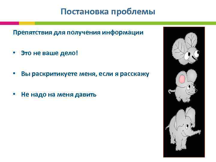  Постановка проблемы Препятствия для получения информации • Это не ваше дело! • Вы