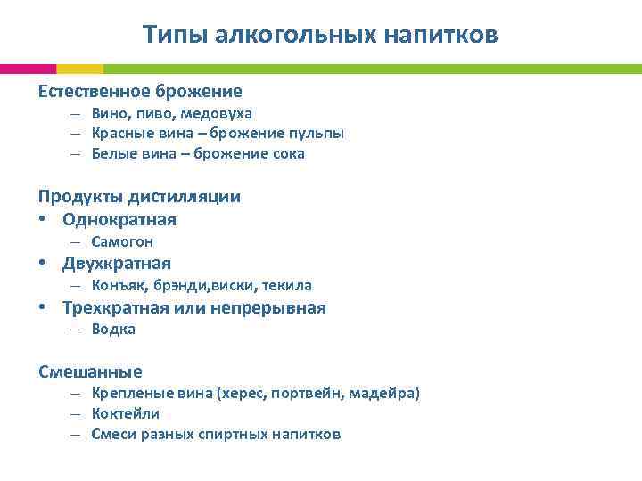  Типы алкогольных напитков Естественное брожение – Вино, пиво, медовуха – Красные вина –