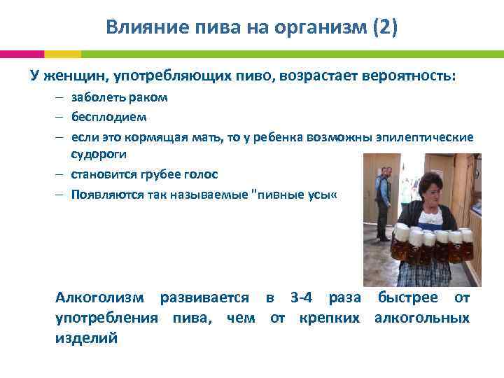  Влияние пива на организм (2) У женщин, употребляющих пиво, возрастает вероятность: – заболеть