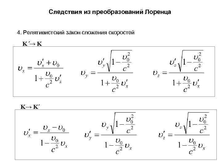  Следствия из преобразований Лоренца 4. Релятивистский закон сложения скоростей K´→ K K→ K´