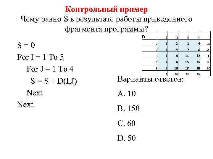 Чему равно s. Контрольный пример это. Определить результат работы фрагмента программы. Обработка массивов в таблице. Описание контрольного примера.