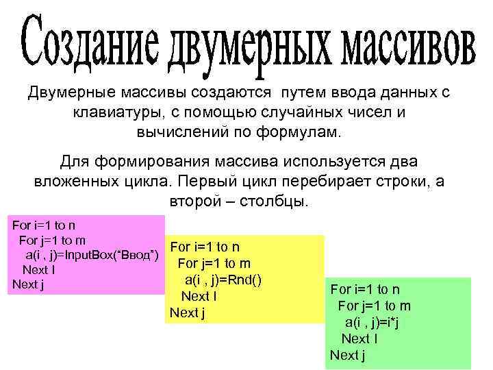  Двумерные массивы создаются путем ввода данных с клавиатуры, с помощью случайных чисел и