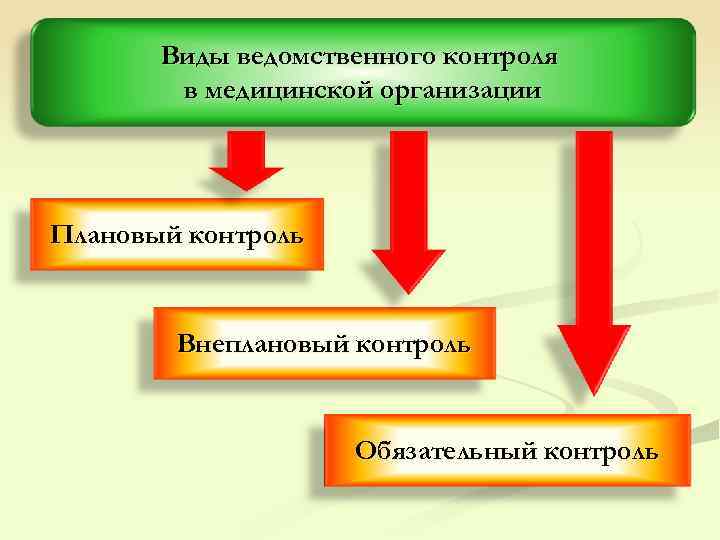  Виды ведомственного контроля в медицинской организации Плановый контроль Внеплановый контроль Обязательный контроль 