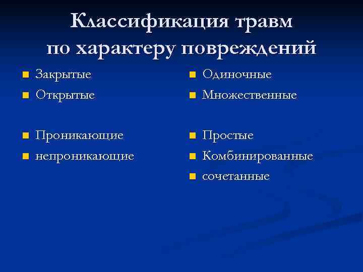  Классификация травм по характеру повреждений n Закрытые n Одиночные n Открытые n Множественные