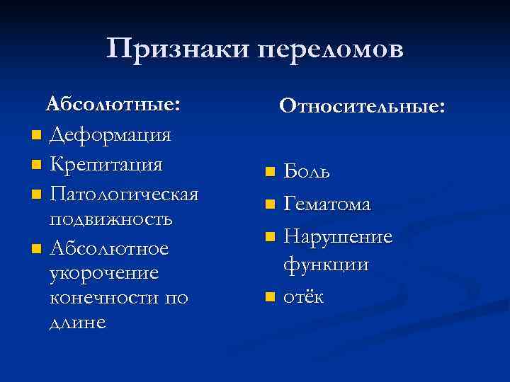  Признаки переломов Абсолютные: Относительные: n Деформация n Крепитация n Боль n Патологическая n