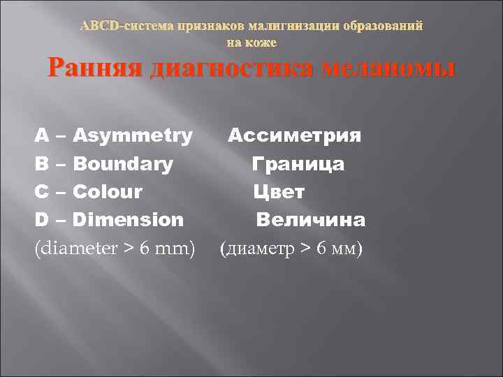  ABCD-система признаков малигнизации образований на коже Ранняя диагностика меланомы A – Asymmetry Ассиметрия