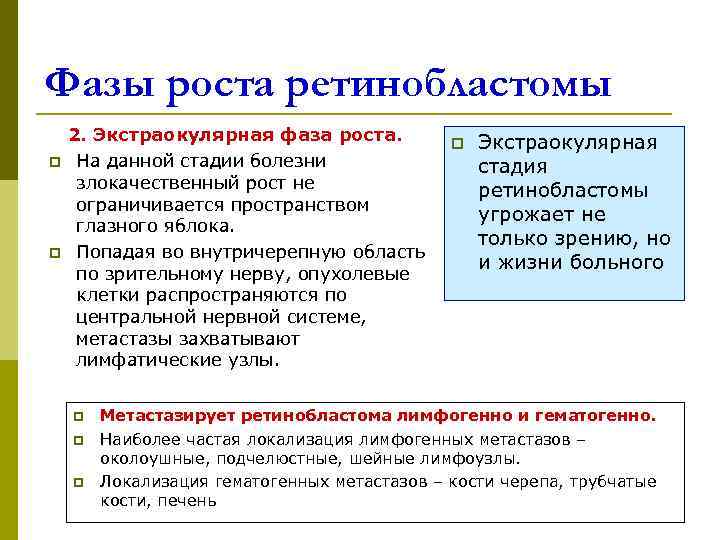 Фазы роста ретинобластомы 2. Экстраокулярная фаза роста.   p  Экстраокулярная p 