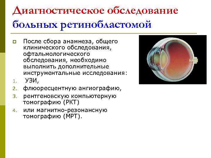 Диагностическое обследование больных ретинобластомой p  После сбора анамнеза, общего  клинического обследования, 