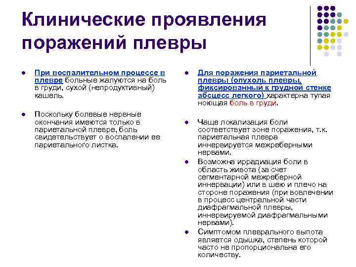 Клинические проявления поражений плевры l  При воспалительном процессе в l  Для поражения