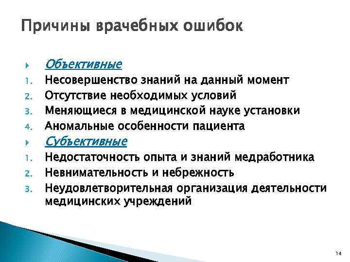 Причины врачебных ошибок  Объективные 1.  Несовершенство знаний на данный момент 2. 