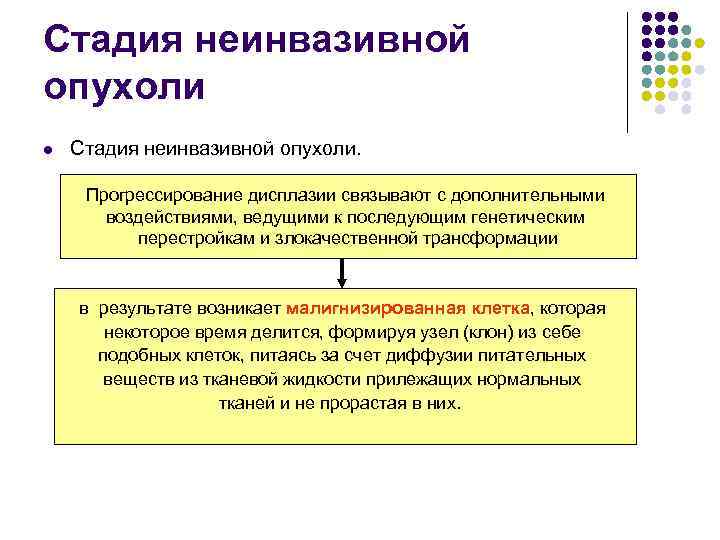 Стадия неинвазивной опухоли l  Стадия неинвазивной опухоли.   Прогрессирование дисплазии связывают с
