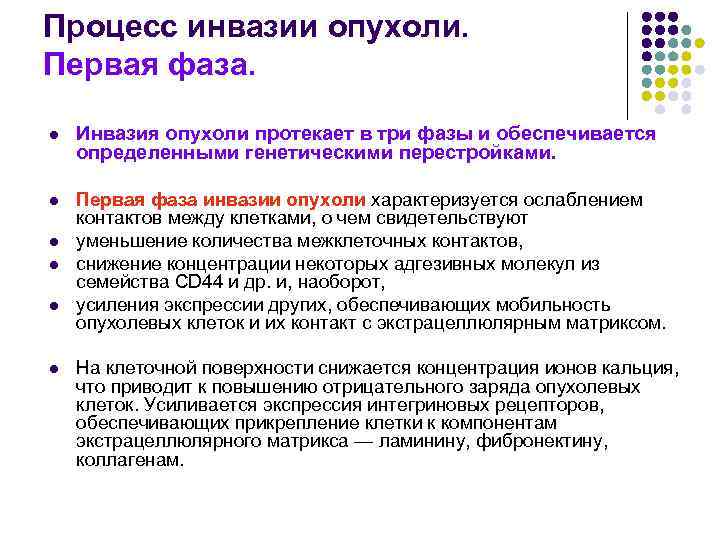 Процесс инвазии опухоли.  Первая фаза.  l  Инвазия опухоли протекает в три