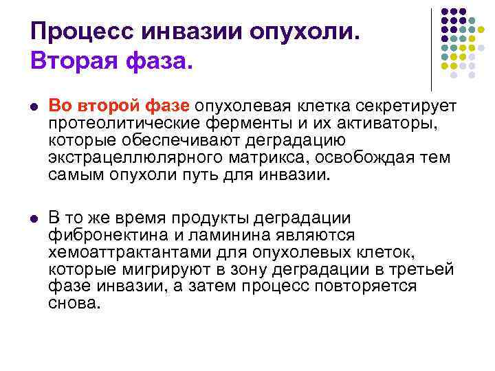Процесс инвазии опухоли.  Вторая фаза. l  Во второй фазе опухолевая клетка секретирует