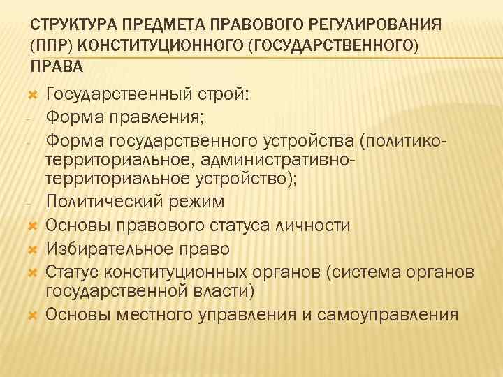 СТРУКТУРА ПРЕДМЕТА ПРАВОВОГО РЕГУЛИРОВАНИЯ (ППР) КОНСТИТУЦИОННОГО (ГОСУДАРСТВЕННОГО) ПРАВА Государственный строй: - Форма правления; -