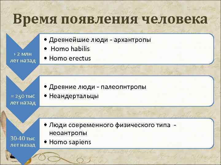 Время появления человека • Древнейшие люди - архантропы • Homo habilis › 2 млн