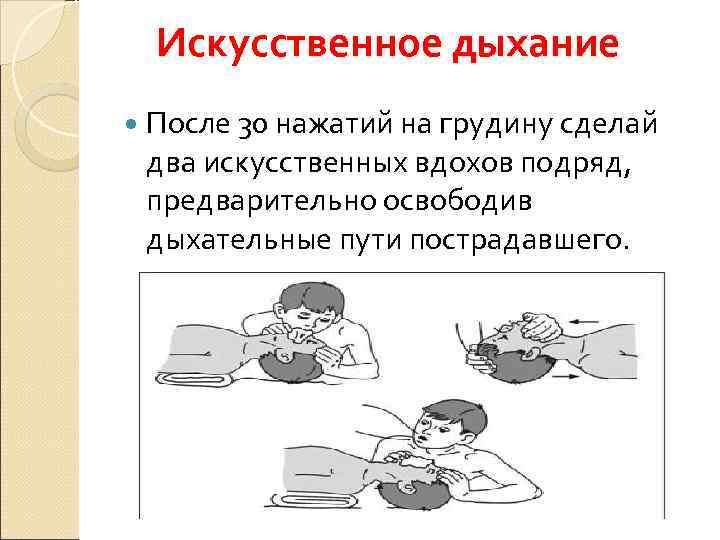  Искусственное дыхание  После 30 нажатий на грудину сделай два искусственных вдохов подряд,
