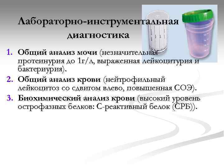  Лабораторно-инструментальная  диагностика 1. Общий анализ мочи (незначительная  протеинурия до 1 г/л,