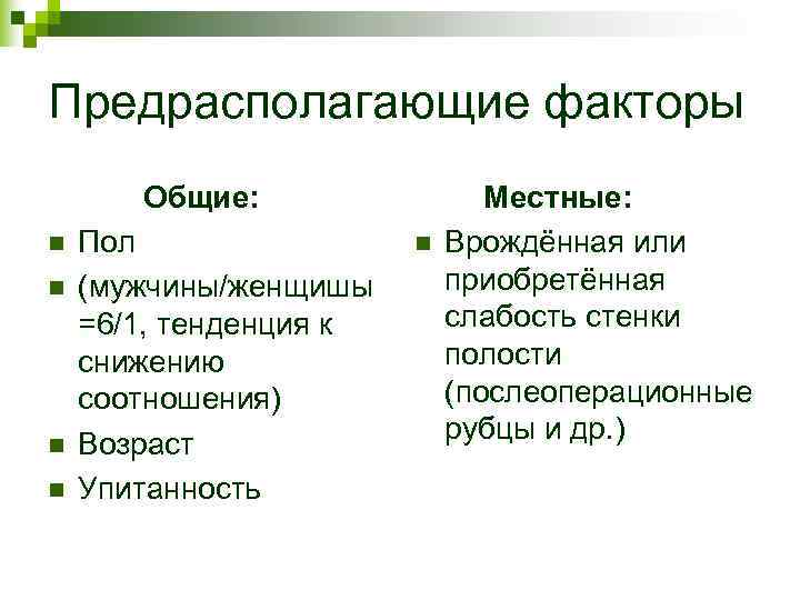 Предрасполагающие факторы Общие: Местные: n Пол n Предрасполагающие факторы Общие: Местные: n Пол n