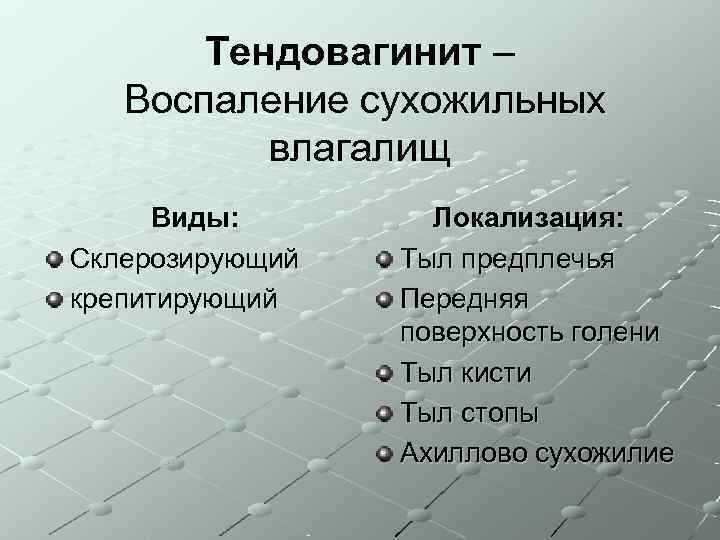   Тендовагинит –  Воспаление сухожильных  влагалищ  Виды:   Локализация: