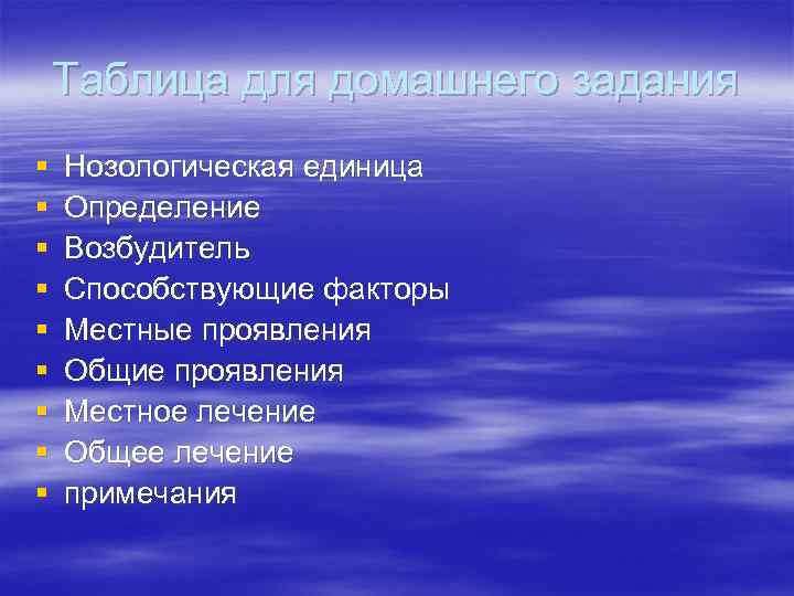  Таблица для домашнего задания § Нозологическая единица § Определение § Возбудитель § Способствующие