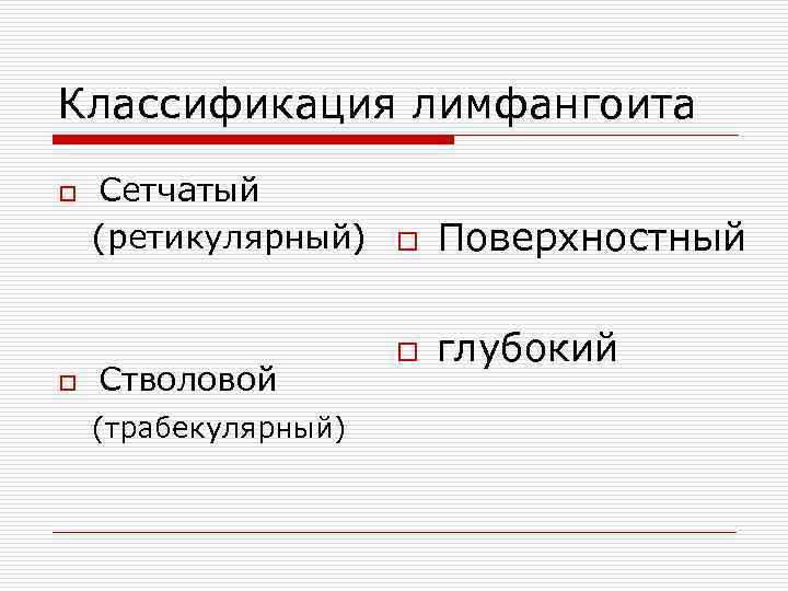 Классификация лимфангоита o Сетчатый (ретикулярный) o Поверхностный o глубокий o Стволовой (трабекулярный) 