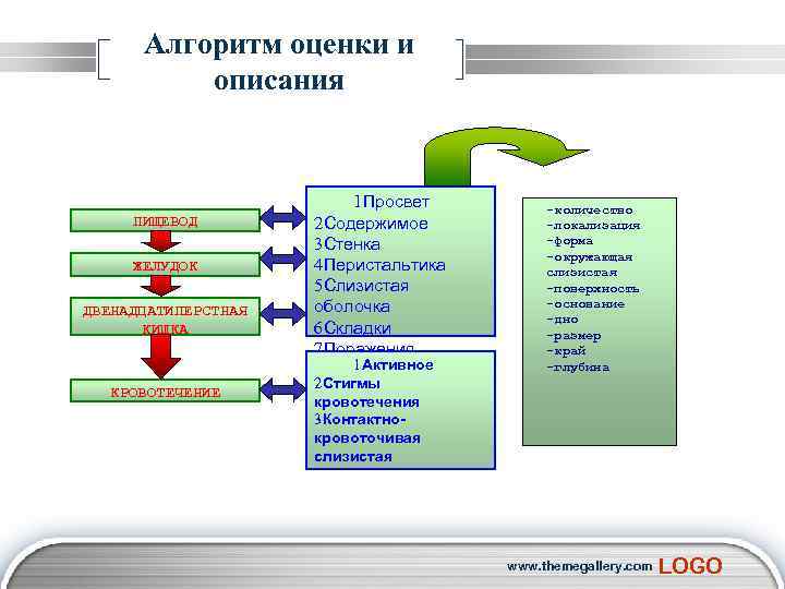  Алгоритм оценки и описания 1 Просвет -количество ПИЩЕВОД 2 Содержимое -локализация 3 Стенка