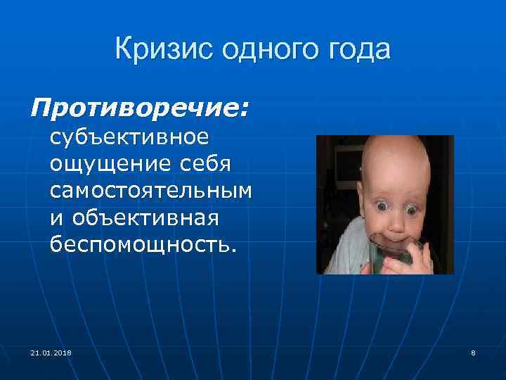  Кризис одного года Противоречие: субъективное ощущение себя самостоятельным и объективная беспомощность. 21. 01.