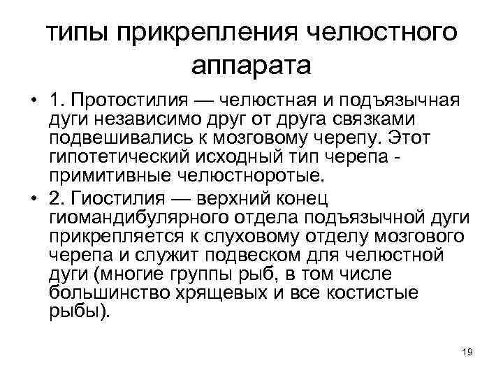  типы прикрепления челюстного аппарата • 1. Протостилия — челюстная и подъязычная дуги независимо