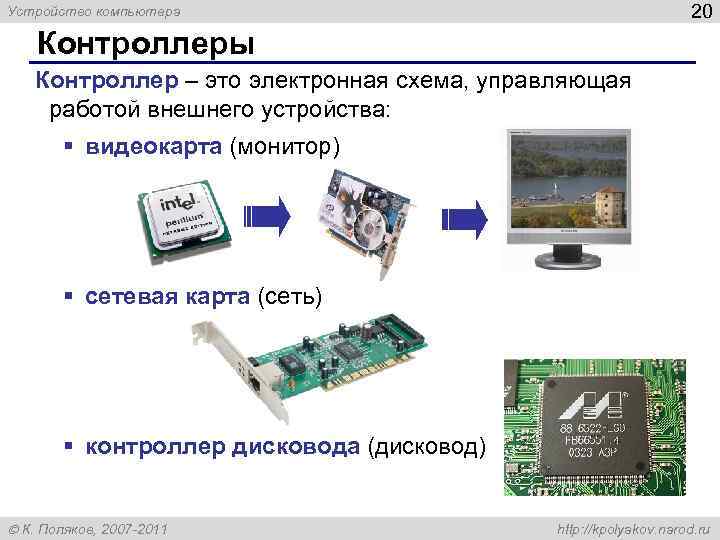 Устройство компьютера 20 Контроллеры Контроллер – это электронная схема, управляющая работой внешнего устройства: §