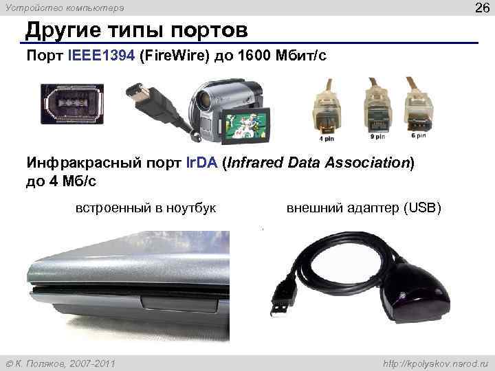 Устройство компьютера 26 Другие типы портов Порт IEEE 1394 (Fire. Wire) до 1600 Мбит/c