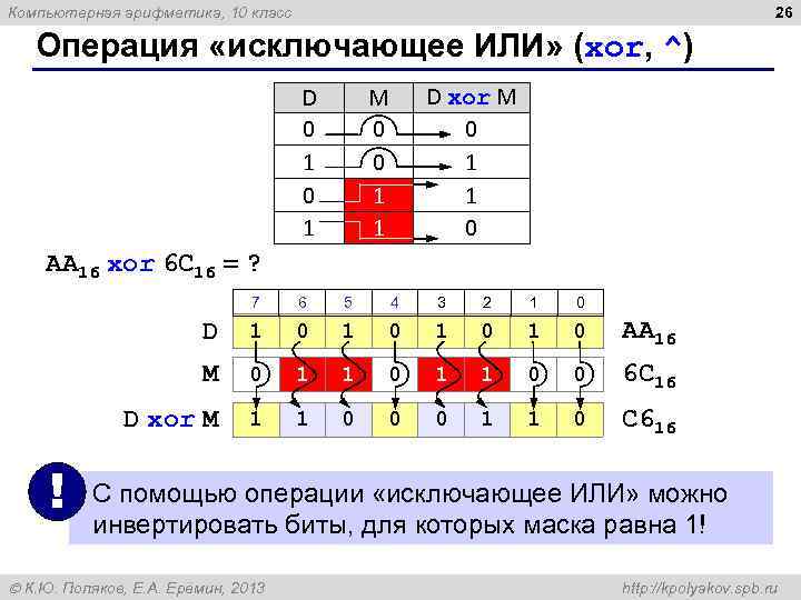 Компьютерная арифметика, 10 класс 26 Операция «исключающее ИЛИ» (xor, ^) D M D xor