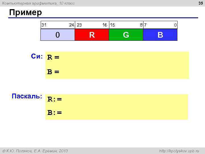 Компьютерная арифметика, 10 класс 35 Пример 31 24 23 16 15 87 0 R