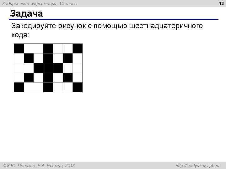 Кодирование информации, 10 класс 13 Задача Закодируйте рисунок с помощью шестнадцатеричного кода: К. Ю.