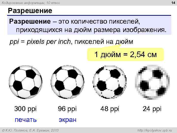 Кодирование информации, 10 класс 14 Разрешение – это количество пикселей, приходящихся на дюйм размера