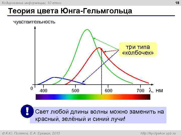 Кодирование информации, 10 класс 18 Теория цвета Юнга-Гельмгольца чувствительность три типа «колбочек» 0 400