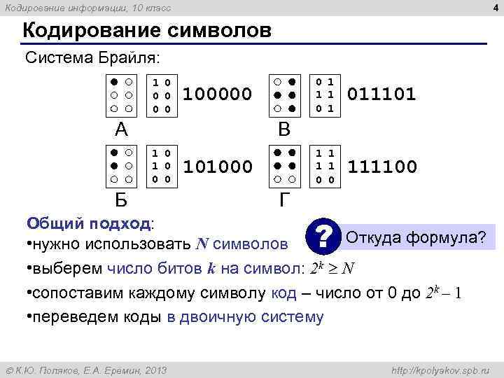 Кодирование информации, 10 класс 4 Кодирование символов Система Брайля: 1 0 0 1 0