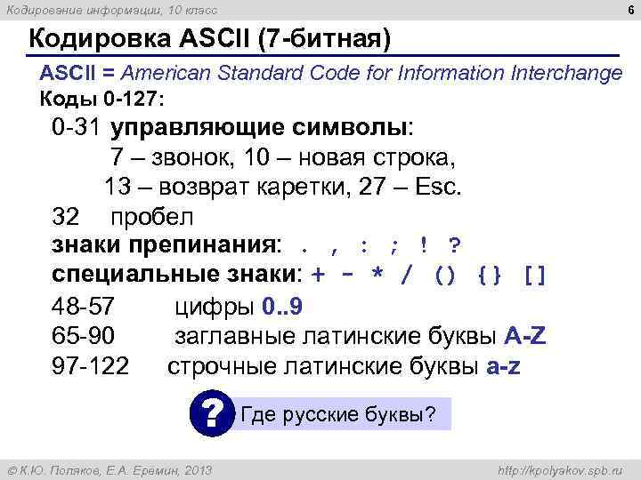 Кодирование информации, 10 класс 6 Кодировка ASCII (7 -битная) ASCII = American Standard Code