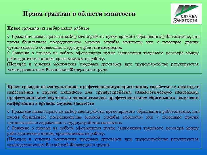   Права граждан в области занятости  Право граждан на выбор места работы