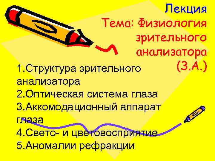  Лекция Тема: Физиология зрительного анализатора 1. Структура зрительного (З. А. ) анализатора 2.