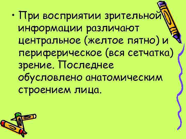  • При восприятии зрительной информации различают центральное (желтое пятно) и периферическое (вся сетчатка)