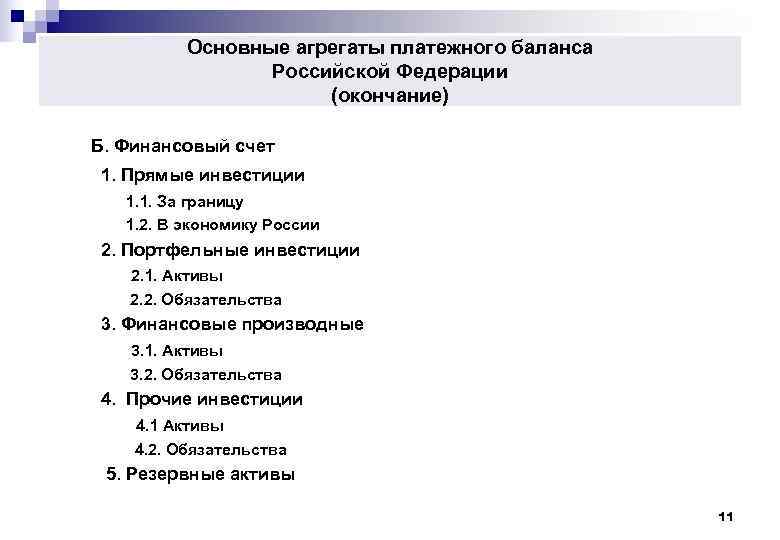      Основные агрегаты платежного баланса     