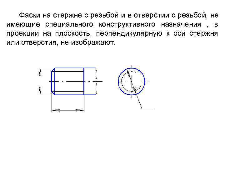  Фаски на стержне с резьбой и в отверстии с резьбой, не имеющие специального