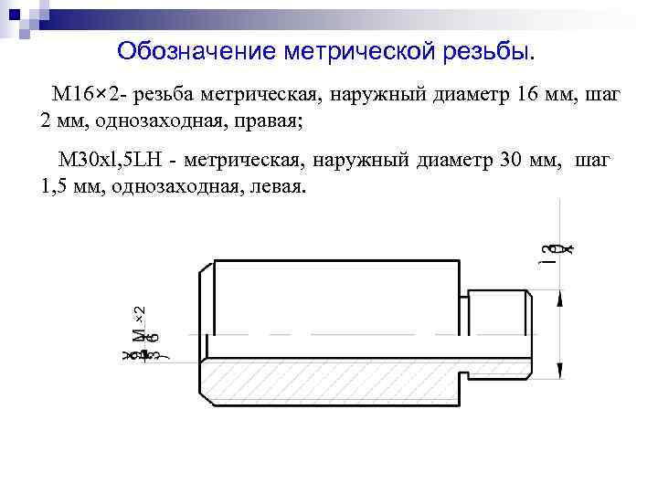  Обозначение метрической резьбы. M 16× 2 - резьба метрическая, наружный диаметр 16 мм,