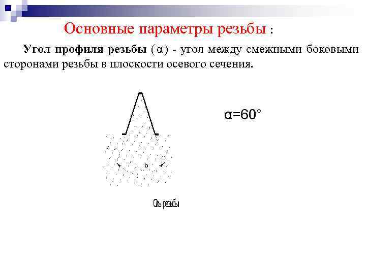  Основные параметры резьбы : Угол профиля резьбы (α) - угол между смежными боковыми