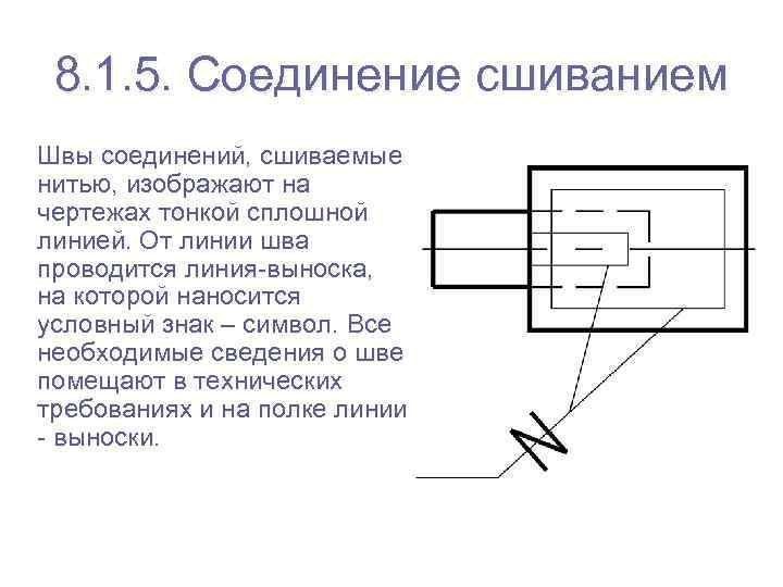  8. 1. 5. Соединение сшиванием Швы соединений, сшиваемые нитью, изображают на чертежах тонкой