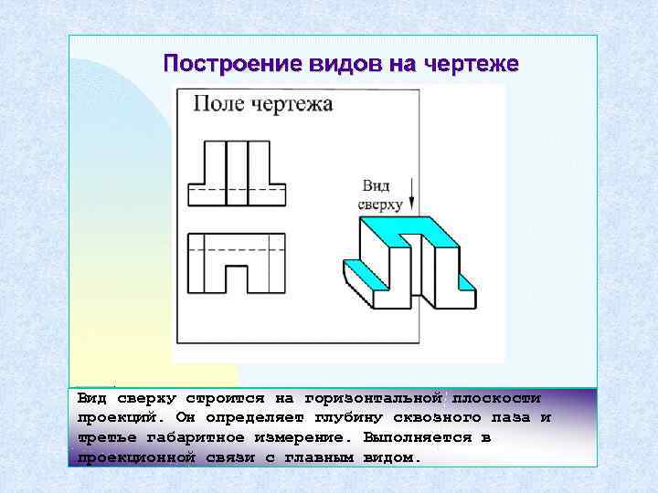 Вид сверху строится на горизонтальной плоскости проекций. Он определяет глубину сквозного паза и третье