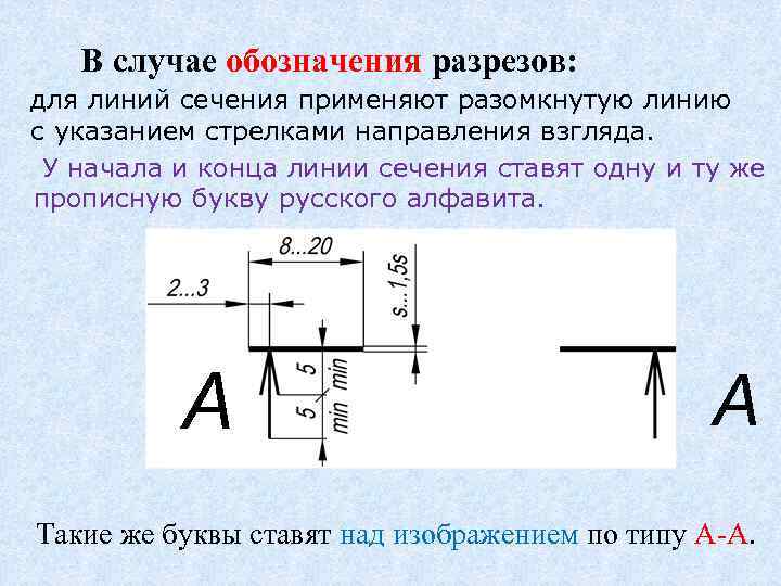  В случае обозначения разрезов: для линий сечения применяют разомкнутую линию с указанием стрелками