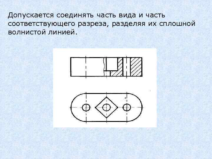 Допускается соединять часть вида и часть соответствующего разреза, разделяя их сплошной волнистой линией. 