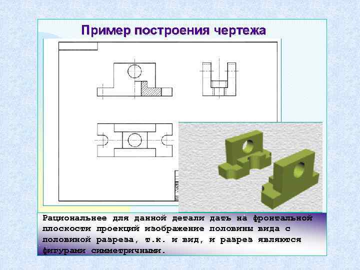 Рациональнее для данной детали дать на фронтальной плоскости проекций изображение половины вида с половиной